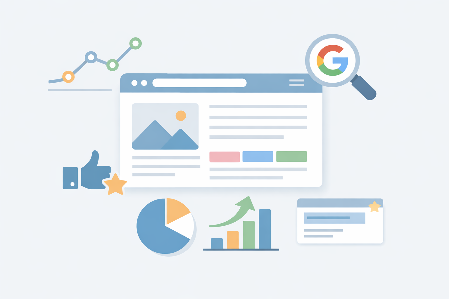 Illustration d’une interface de site web épurée combinant design graphique et indicateurs de visibilité SEO.