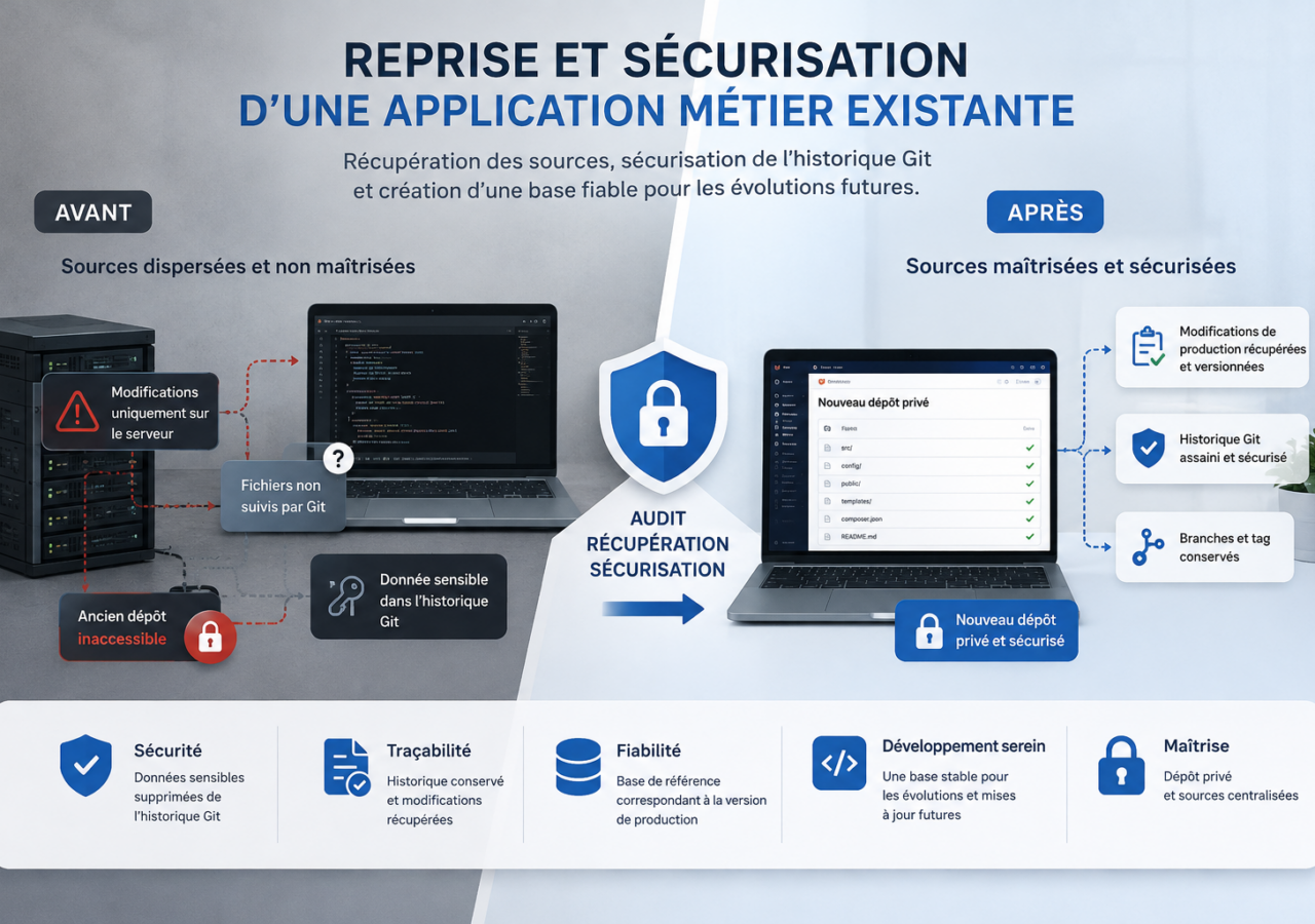 Infographic showing secure migration of an existing business app from dispersed sources (Avant) to a controlled, audited Git repository (Après).