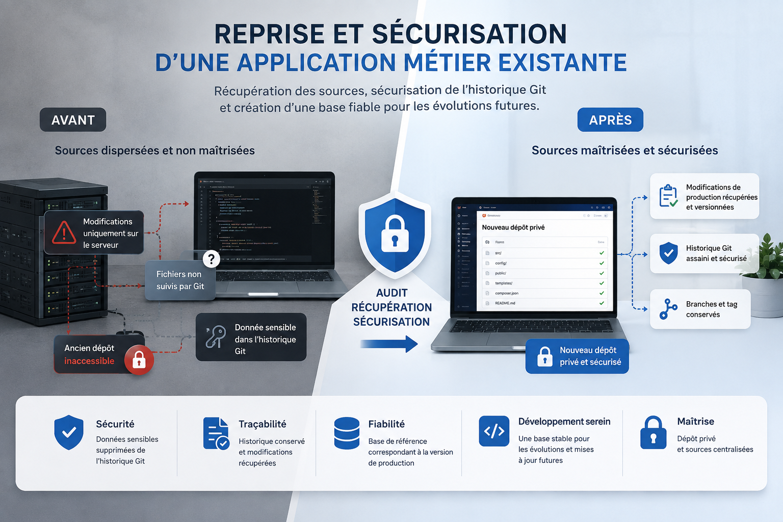 Infographic showing secure migration of an existing business app from dispersed sources (Avant) to a controlled, audited Git repository (Après).